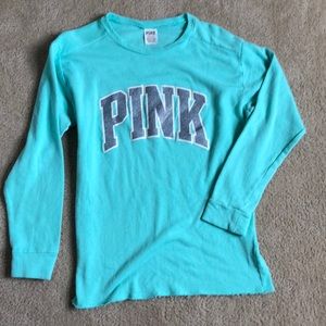 “PINK” teal crew neck sweatshirt
